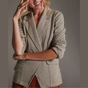 Anthropologie Maeve Collegiate Stretchy Wrap Like Knit Tan Plaid Blazer Size S